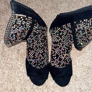 Rhinestone open toe booties heels.